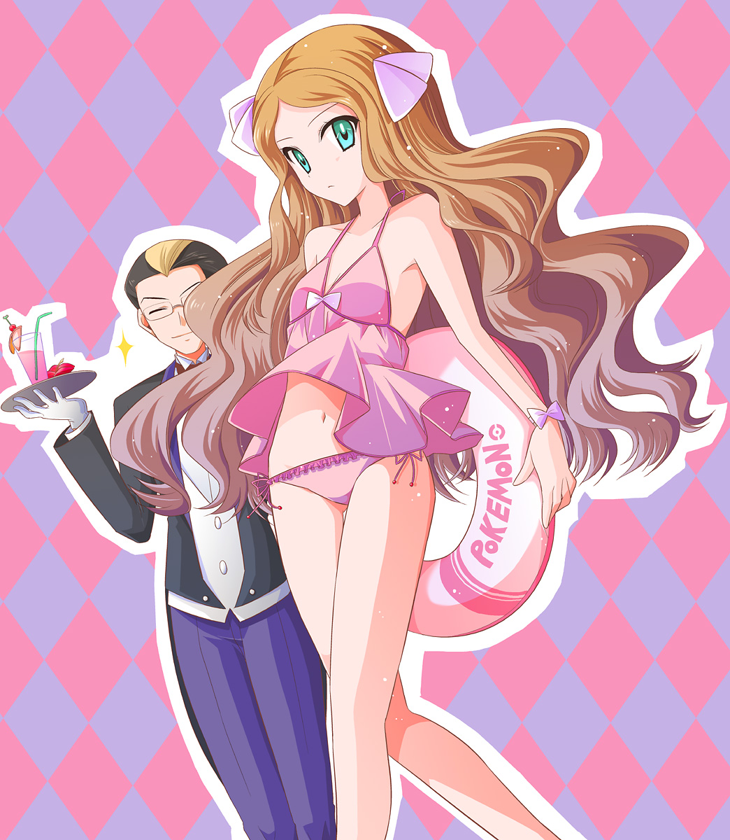 1boy, 1girl, aqua_eyes, bikini, brown_hair, butler, caitlin_(pokemon), darach_(pokemon), elite_four, frontier_brain, highres, innertube, long_hair, nintendo, nu_(ukskuj), pink_bikini, pokemon, pokemon_diamond/pearl/platinum, pokemon_platinum, swim_ring, swimsuit, walking
