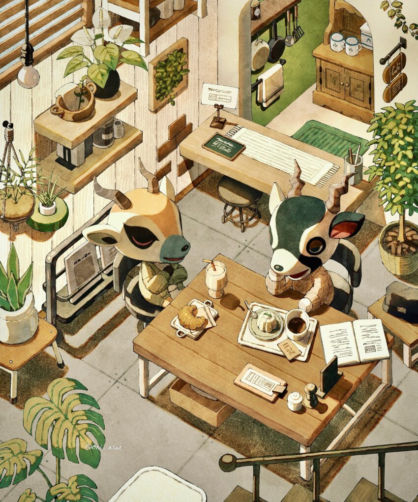 2boys, absurdly_detailed_composition, animal_crossing, antlers, aran_sweater, artist_name, basket, book