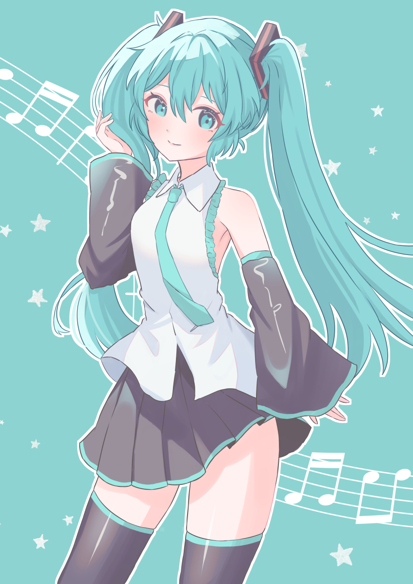 1girl, absurdres, aqua_background, aqua_eyes, aqua_hair, aqua_necktie, bare_shoulders, beamed_eighth_notes