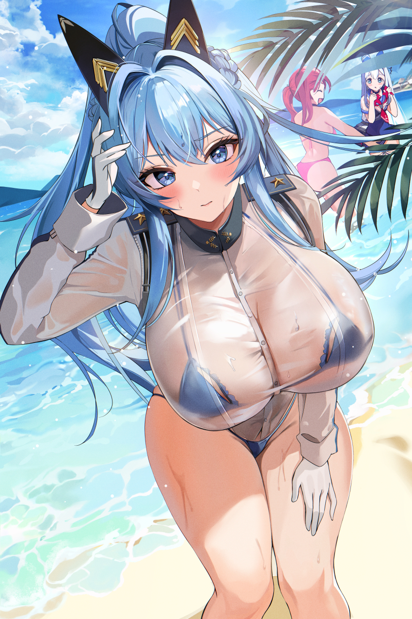 3girls, absurdres, aegis_(nikke), anchor_(nikke), beach, bikini, blue_bikini, blue_eyes