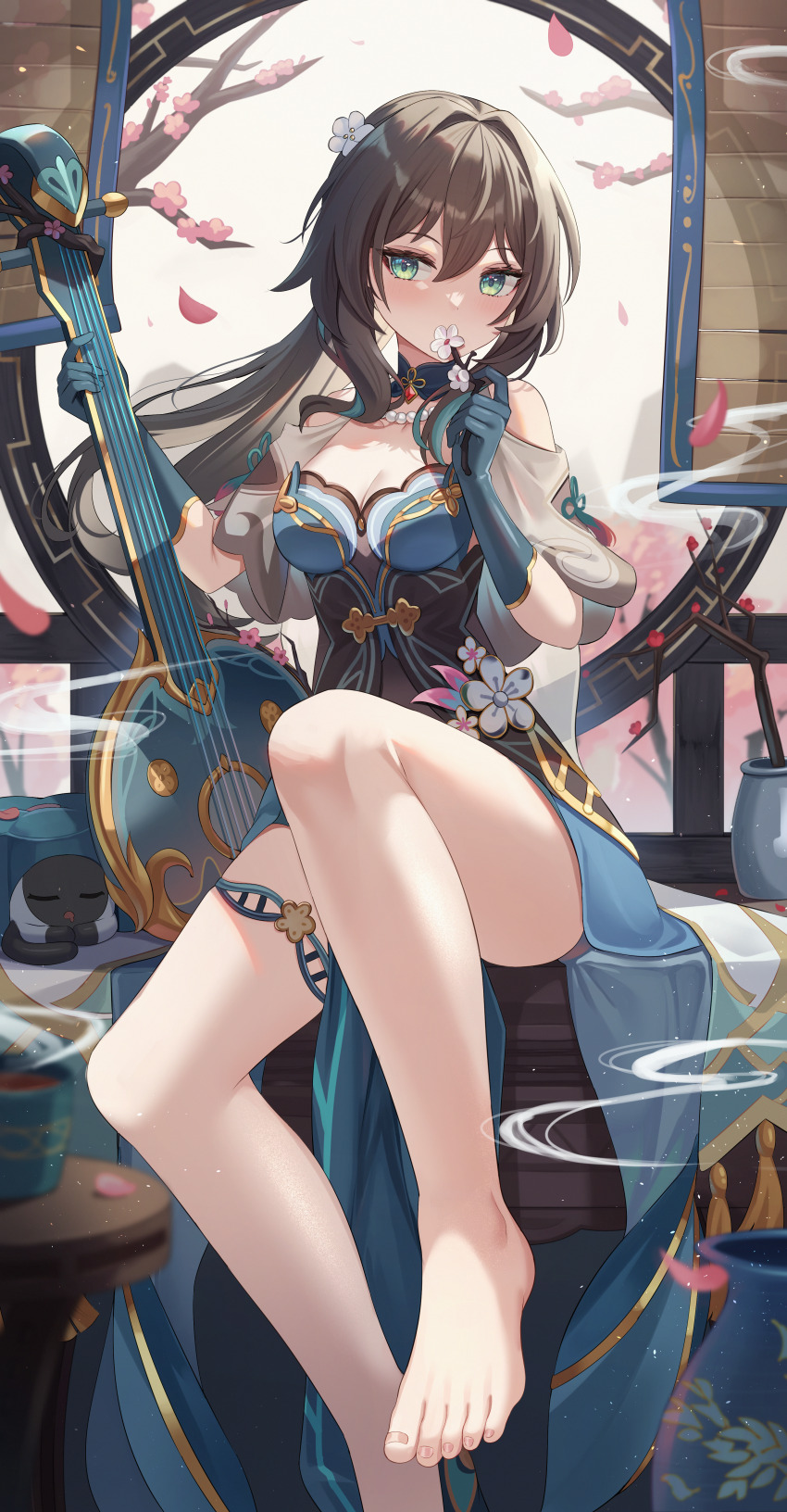 1girl, absurdres, animalization, barefoot, blue_dress, blue_gloves, breasts, brown_hair