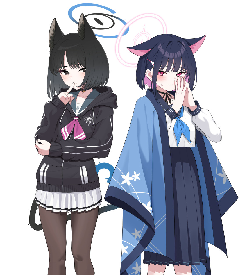 2girls, absurdres, animal_ears, black_eyes, black_hair, black_jacket, black_pantyhose, black_sailor_collar