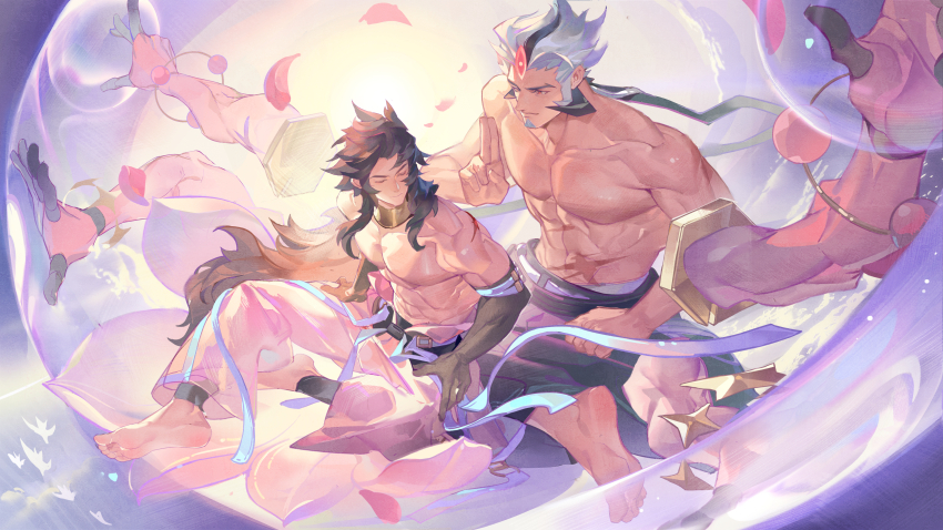 2boys, abs, absurdres, bara, barefoot, black_hair, chinese_commentary, closed_eyes, commentary_request, dislyte, extra_arms, facial_hair, goatee, henrryxv, highres, li_ling_(nezha), looking_at_another, male_focus, multicolored_hair, multiple_boys, multiple_scars, muscular, muscular_male, pectorals, petals, scar, scar_on_shoulder, scar_on_stomach, topless_male, yun_chuan_(yang_jian)_(dislyte)