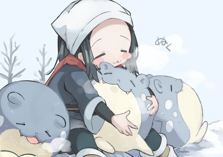 1girl, =_=, akari_(pokemon), animal, animal_hug, bare_tree, black_hair, black_pantyhose, blush_stickers, breath, closed_eyes, closed_mouth, day, fangs, fangs_out, feet_out_of_frame, galaxy_expedition_team_survey_corps_uniform, gen_3_pokemon, hamudetsu, headscarf, highres, japanese_clothes, layered_sleeves, long_hair, long_sleeves, nature, nintendo, open_mouth, outdoors, outstretched_arms, pantyhose, parted_lips, pokemon, pokemon_(creature), pokemon_legends:_arceus, red_scarf, sash, scarf, sidelocks, signature, sitting, sky, smile, snow, spheal, tree, warming, white_headscarf, white_headwear, winter