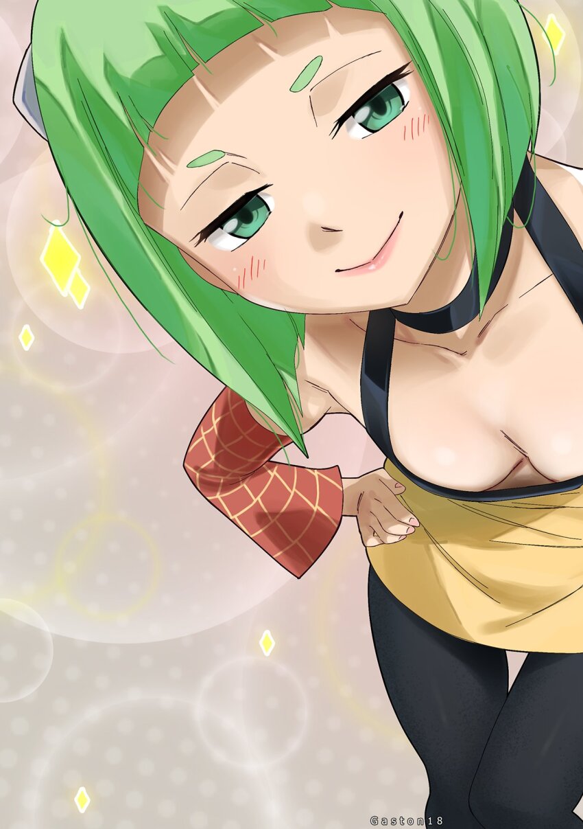 1girl, breasts, colorized, downblouse, eden's_zero, gaston18, green_eyes, green_hair