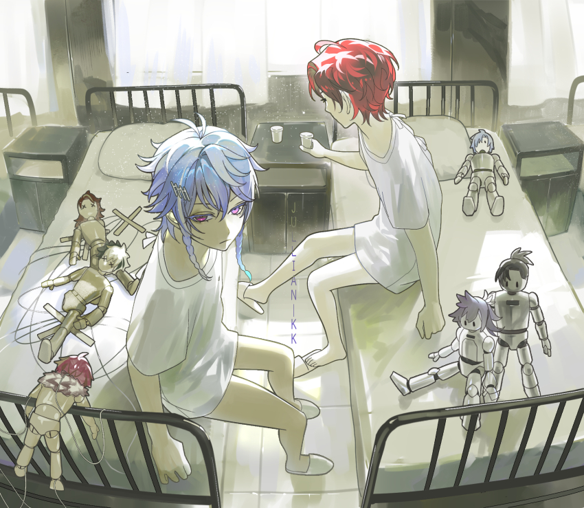6+boys, absurdres, artist_name, asylum_(location), banzoin_hakka, bed, black_hair, blue_hair