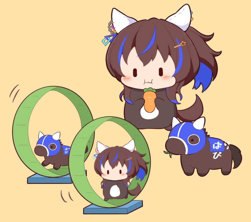 :i, animal_ears, blue_hair, blush_stickers, brown_hair, carrot, commentary, creature_and_personification