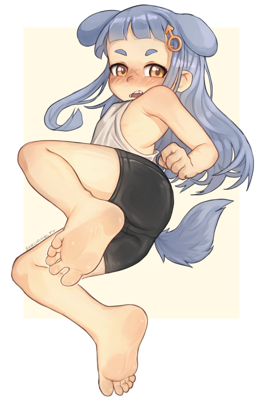1boy, animal_ears, ass, barefoot, bike_shorts, blue_hair, blush, clenched_hand, dog_boy, dog_ears, dog_tail, from_below, highres, leg_up, long_hair, lying, mars_symbol, mars_symbol_hair_ornament, narrowed_eyes, nose_blush, on_side, orange_eyes, original, shiny_skin, soles, syrupmelty, tail, tank_top, toes, v-shaped_eyebrows, white_background, white_tank_top