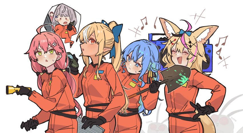 5girls, absurdres, ahoge, animal_ear_fluff, animal_ears, black_bow, black_gloves, black_hair