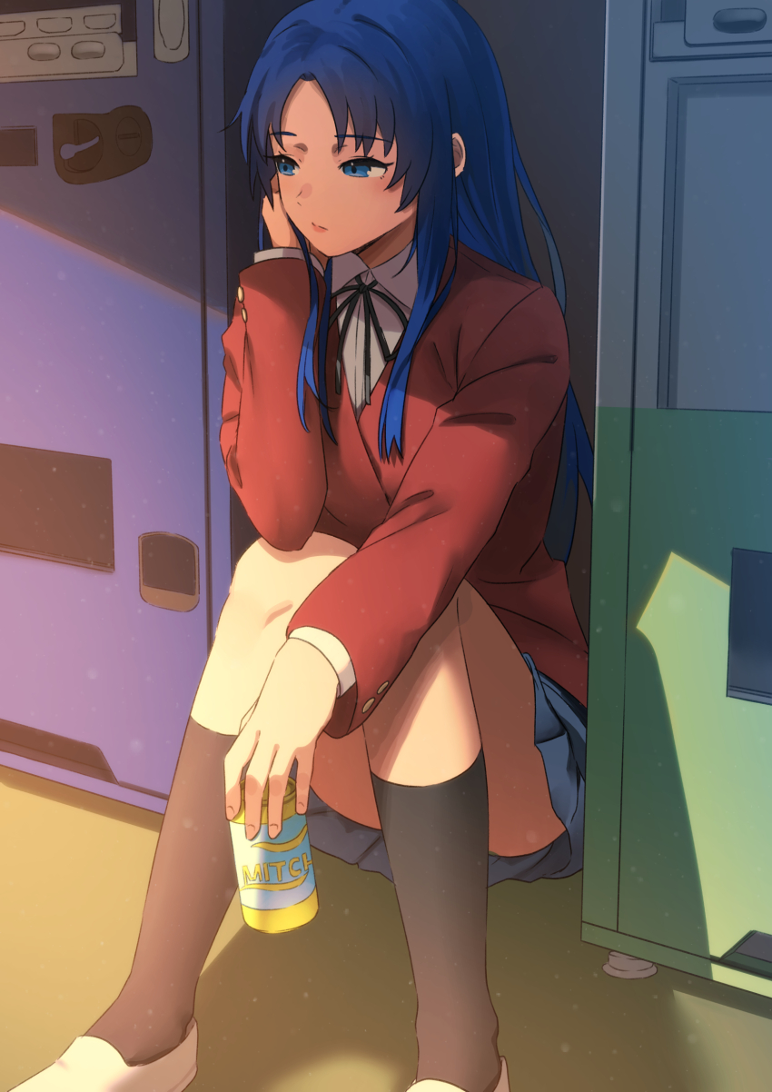 1girl, black_ribbon, black_socks, blazer, blue_eyes, blue_hair, blue_skirt, can