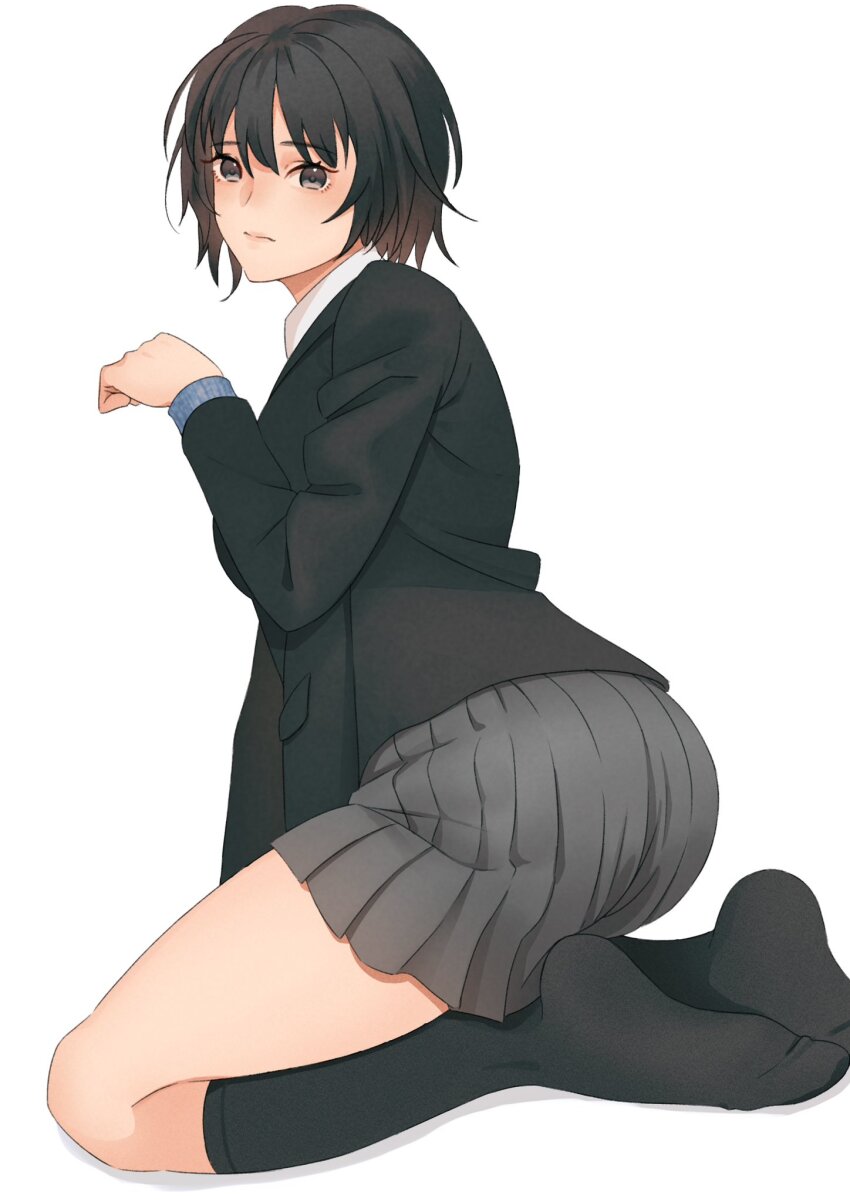 1girl, amagami, black_eyes, black_hair, black_jacket, black_thighhighs, blazer, bob_cut