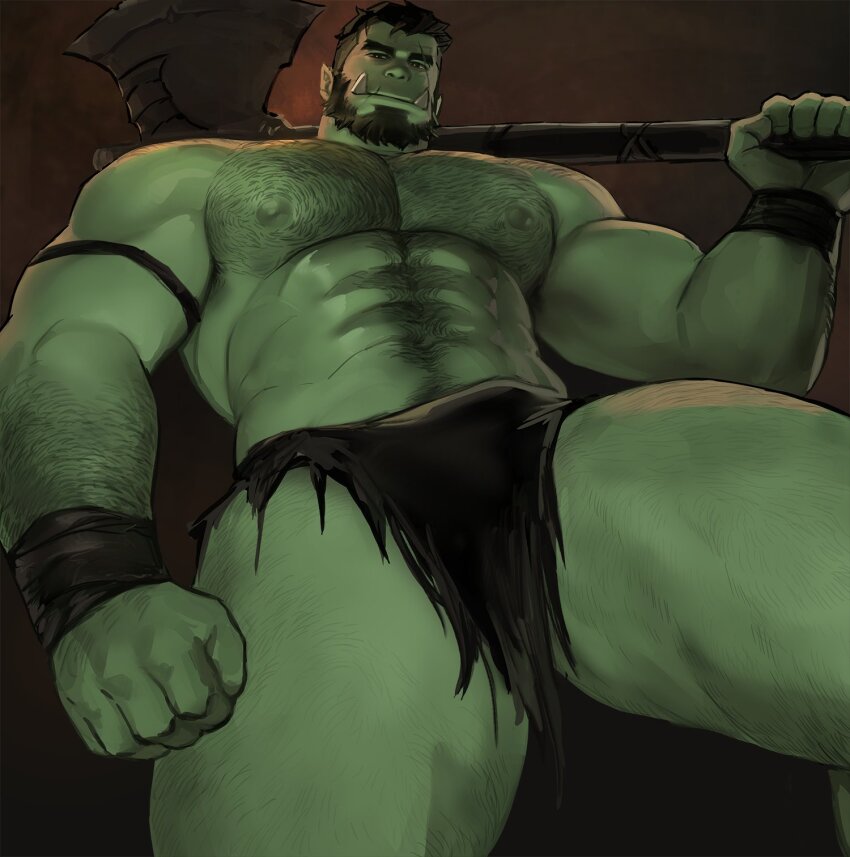 1boy, abs, armpit_hair, armpit_hair_peek, axe, back_hair, bara, battle_axe, beard, bulge, colored_skin, dopey_(dopq), facial_hair, feet_out_of_frame, from_below, full_beard, green_skin, hairy, highres, holding, holding_axe, large_pectorals, leg_hair, loincloth, looking_at_viewer, looking_down, male_focus, mature_male, monster_boy, muscular, muscular_male, navel, navel_hair, nipples, orc, original, over_shoulder, pectorals, pointy_ears, scar, scar_across_eye, scar_on_face, scar_on_mouth, short_hair, solo, sparse_leg_hair, stomach, strongman_waist, thick_arm_hair, thick_beard, thick_chest_hair, thick_eyebrows, thick_navel_hair, thick_thighs, thighs, topless_male, tusks, weapon, weapon_over_shoulder