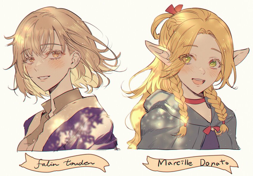 2girls, absurdres, blonde_hair, blue_capelet, braid, brown_eyes, capelet, character_name