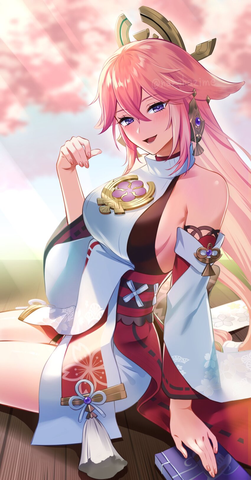 1girl, :d, absurdres, animal_ears, bare_shoulders, blush, breasts, commentary_request