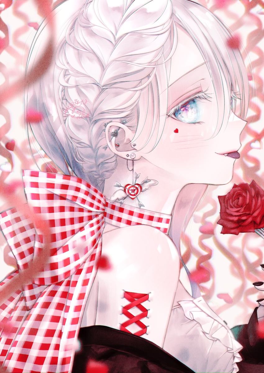 1girl, absurdres, arrow_earrings, bare_shoulders, black_nails, blue_eyes, blurry, blurry_background