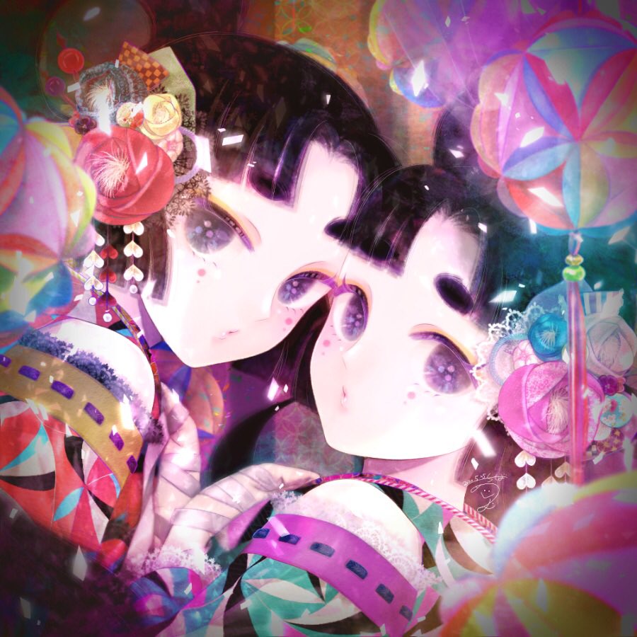 2girls, ball, bandaged_hand, bandages, bare_shoulders, black_hair, blurry, chiba_megumu