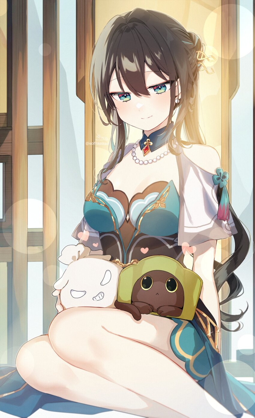 1girl, absurdres, bare_shoulders, black_hair, blue_dress, blue_eyes, blue_hair, blush