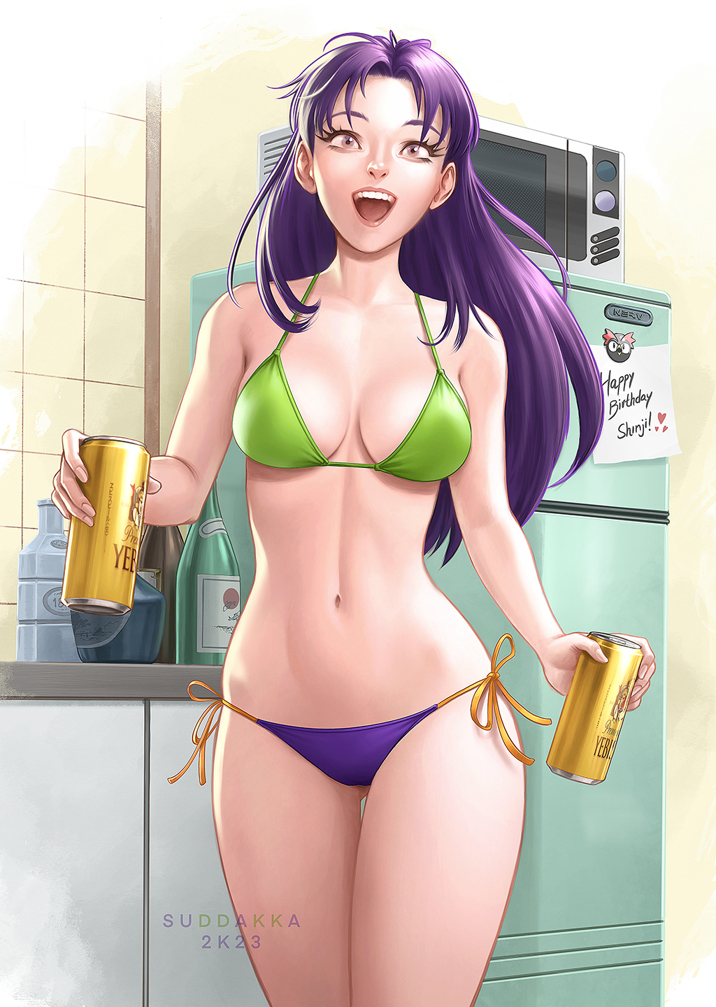 1girl, 2023, artist_name, beer_can, bikini, breasts, breasts_apart, can, curvy, drink_can, female_focus, happy, happy_birthday, highres, katsuragi_misato, lips, medium_breasts, mismatched_bikini, navel, neon_genesis_evangelion, open_mouth, purple_hair, shiny_skin, side-tie_bikini_bottom, smile, solo, suddakka, swimsuit, wide_hips