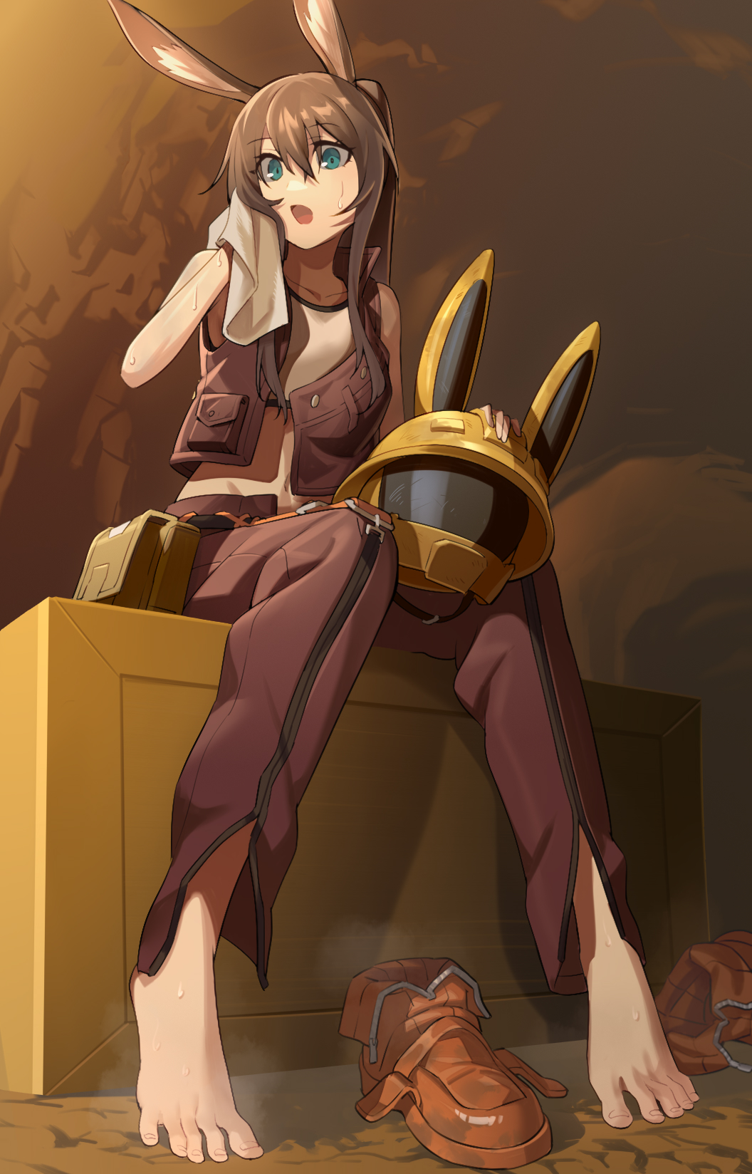 1girl, amiya_(arknights), animal_ears, arknights, barefoot, blue_eyes, boots, brown_hair, feet, helmet, highres, liang_chan_xing_make_tu, long_hair, looking_at_viewer, motorcycle_helmet, open_mouth, orange_shoes, ponytail, shoes, steam, sweat, toes, unworn_boots, unworn_shoes