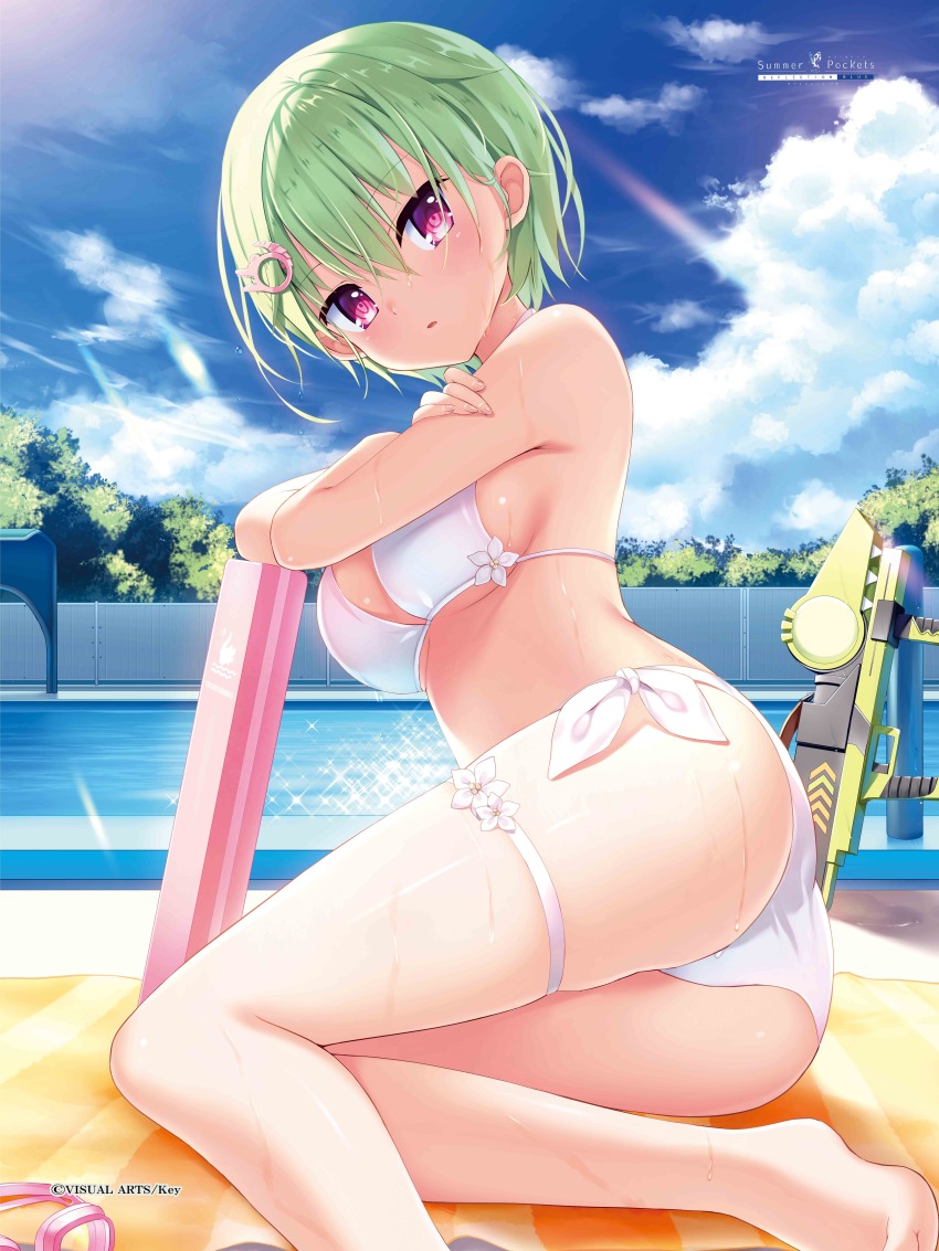 1girl, absurdres, ass, bare_arms, bare_legs, bikini, blue_sky, breasts, cloud, copyright_name, crocodile_hair_ornament, day, foot_out_of_frame, goggles, green_hair, highres, humuyun, incredibly_absurdres, key_(company), kickboard, looking_at_viewer, medium_breasts, nomura_miki, official_art, outdoors, pool, poolside, short_hair, sideboob, sky, solo, summer_pockets, swimsuit, thigh_strap, thighs, underboob, unworn_goggles, water_gun, wet
