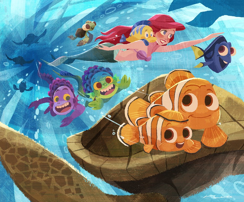 2girls, 6+boys, alberto_scorfano, ariel_(disney), bikini, blue_eyes, bubble, commentary, disney, dory_(finding_nemo), english_commentary, finding_nemo, fish, fish_boy, flounder_(the_little_mermaid), long_hair, luca_(pixar), luca_paguro, male_focus, marlin_(finding_nemo), mermaid, monster_boy, monster_girl, multiple_boys, multiple_girls, naco_oekaki, navel, nemo_(finding_nemo), open_mouth, pixar, red_hair, red_lips, shell, shell_bikini, smile, swimsuit, the_little_mermaid_(disney), turtle, underwater