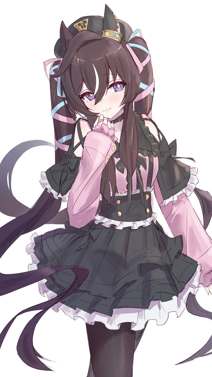 1girl, :3, absurdres, animal_ears, bandaid, black_headwear, black_pantyhose, black_skirt, blue_nails, blue_ribbon, brown_hair, ear_covers, frilled_skirt, frills, hair_between_eyes, hair_ribbon, hat, highres, horse_ears, horse_girl, horse_tail, jirai_kei, long_hair, moca_suzuka, multicolored_skirt, pantyhose, pink_ribbon, pink_shirt, pleated_skirt, purple_eyes, ribbon, shirt, single_ear_cover, skirt, smile, tail, twintails, umamusume, very_long_hair, vivlos_(umamusume), white_background, white_skirt