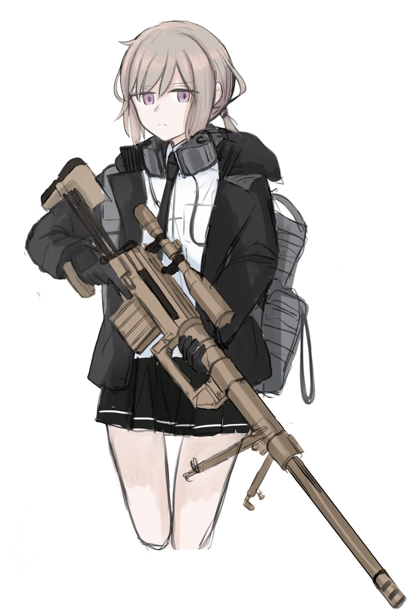 1girl, backpack, bag, bipod, black_gloves, black_jacket, black_necktie, black_skirt