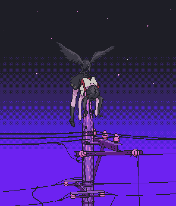 1girl, ame-chan_(needy_girl_overdose), bird, black_footwear, black_hair, black_skirt, black_socks, blood, collared_shirt, crow, death, eencya, full_body, impaled, jirai_kei, medium_hair, needy_girl_overdose, night, official_art, pink_blood, pixel_art, power_lines, red_shirt, scene_reference, second-party_source, shirt, skirt, sky, socks, star_(sky), tajuu-jinkaku_tantei_saiko, twintails, utility_pole