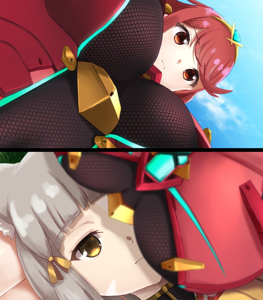 2girls, 2koma, absurdres, animal_ears, blunt_bangs, breast_conscious, breast_envy, breast_focus, breast_shadow, breasts, cat_ears, chest_jewel, comic, eilier_project, facial_mark, frieren_lap_pillow_(meme), from_above, from_below, grey_hair, highres, jewelry, lap_pillow, large_breasts, looking_at_breasts, looking_down, lying, lying_on_lap, lying_on_person, multiple_girls, nia_(xenoblade), pyra_(xenoblade), raised_eyebrows, red_eyes, red_hair, scene_reference, shadow, short_hair, sousou_no_frieren, swept_bangs, tiara, xenoblade_chronicles_(series), xenoblade_chronicles_2, yellow_eyes