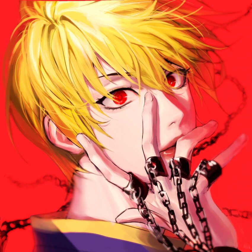 1boy, alternate_hair_length, alternate_hairstyle, blonde_hair, chain, closed_mouth, eyelashes, from_side, gi_um, hand_on_own_face, hand_up, hashtag-only_commentary, highres, hunter_x_hunter, jewelry, kurapika, lips, looking_at_viewer, looking_to_the_side, male_focus, multiple_rings, portrait, red_background, red_eyes, red_lips, ring, short_hair, simple_background, weapon