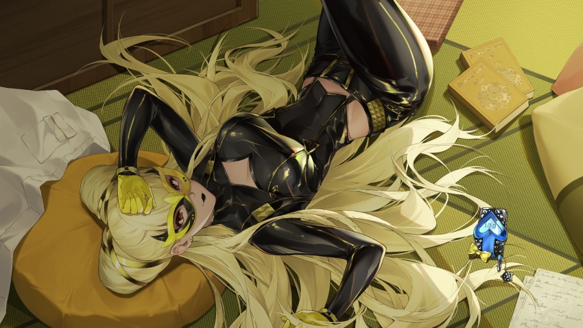 1girl, black_lips, black_pants, blonde_hair, book, breasts, brown_eyes, cellphone, cleavage, cleavage_cutout, closed_mouth, clothing_cutout, commentary_request, double_bun, earrings, eye_mask, flip_phone, from_above, gloves, groin, hair_bun, hair_ribbon, hair_spread_out, hand_on_own_head, highres, indoors, jewelry, jiusan_naitang, long_hair, looking_at_viewer, lying, mask, medium_breasts, okyann_(p5x), on_back, pants, persona, persona_5, persona_5:_the_phantom_x, phone, ribbon, solo, tight_clothes, tomiyama_kayo, yellow_gloves, yellow_ribbon