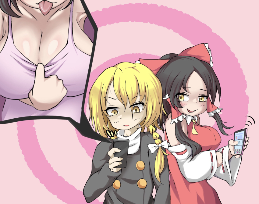 1boy, 1girl, black_hair, blonde_hair, braid, breasts, buttons, cellphone, cleavage, cookie_(touhou), detached_sleeves, dress, hair_ribbon, hakurei_reimu, highres, ikeasuka, kirisame_marisa, large_breasts, looking_at_phone, medium_breasts, medium_hair, phone, red_dress, red_ribbon, rei_(cookie), ribbon, sananana_(cookie), single_braid, small_sweatdrop, smartphone, tongue, tongue_out, touhou, white_ribbon, yellow_eyes