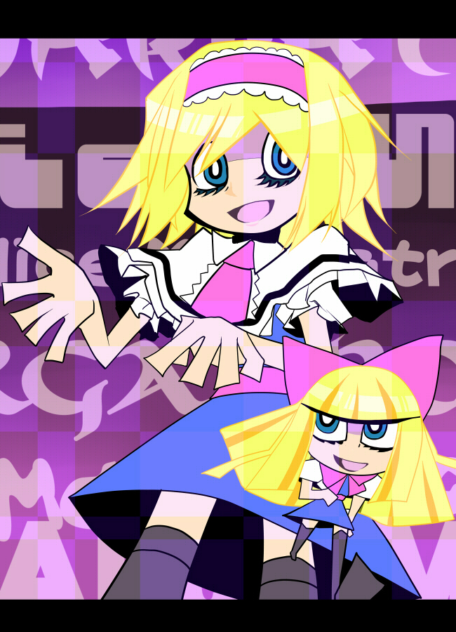 1girl, alice_margatroid, blonde_hair, blue_eyes, bow, dress, female_focus, flat_color, hair_bow, hairband, kanchikinps, letterboxed, open_mouth, panty_&amp;_stocking_with_garterbelt, parody, shanghai_doll, smile, solo, style_parody, touhou
