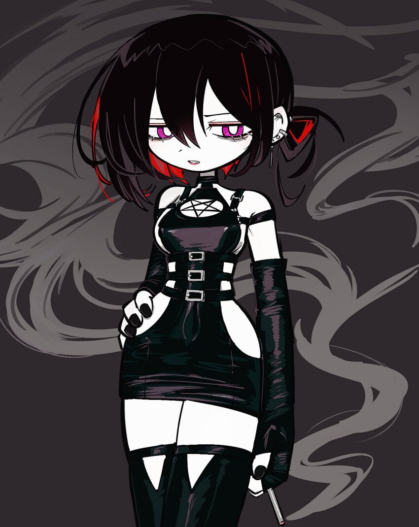 1girl, belt, black_belt, black_dress, black_hair, black_nails, bright_pupils, cigarette, colored_skin, dress, ear_piercing, elbow_gloves, fumus_(funamusea), funamusea, funamusea_(style), genderswap, genderswap_(mtf), gloves, grey_background, highres, holding, holding_cigarette, looking_to_the_side, multicolored_hair, parody, pentagram_cutout, piercing, pink_hair, red_hair, red_lips, smoke, streaked_hair, style_parody, white_pupils, white_skin, yumeijenny