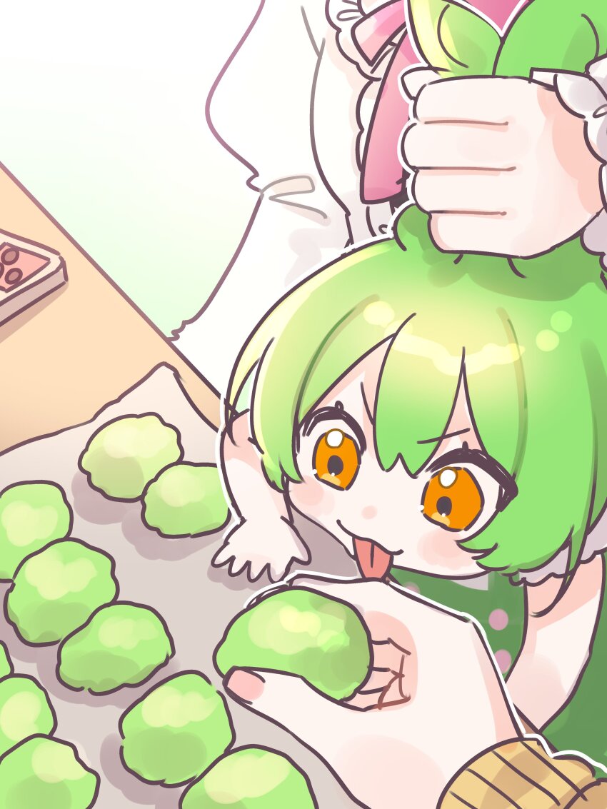 3girls, :3, absurdres, blush, cellphone, commentary_request, dress, edamame, foil, food, grabbing_another's_hair, green_hair, green_overalls, head_out_of_frame, highres, holding, holding_another's_hair, holding_food, juliet_sleeves, kasukabe_tsumugi, long_sleeves, looking_at_food, medaka_h2, multiple_girls, orange_eyes, overalls, phone, photo-referenced, pov, pov_hands, puffy_sleeves, shikoku_metan, short_sleeves, smartphone, tongue, tongue_out, utau, v-shaped_eyebrows, voicevox, white_dress, zundamon