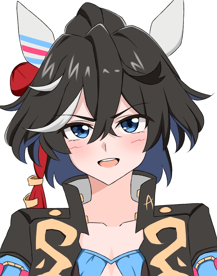 1girl, animal_ears, black_hair, black_jacket, blush, breasts, button_gap, commentary