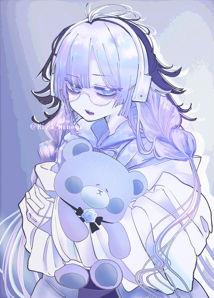 1girl, absurdres, ado_(utaite), ahoge, bags_under_eyes, blue_eyes, blue_theme, braid, chando_(ado), cloud_nine_inc, commentary, cowboy_shot, drop_shadow, glasses, headphones, highres, kiza_minegi, kokoro_to_iu_na_no_fukakai, long_hair, long_sleeves, looking_at_viewer, open_mouth, semi-rimless_eyewear, sharp_teeth, solo, stuffed_animal, stuffed_toy, teddy_bear, teeth, twitter_username, under-rim_eyewear, white-framed_eyewear