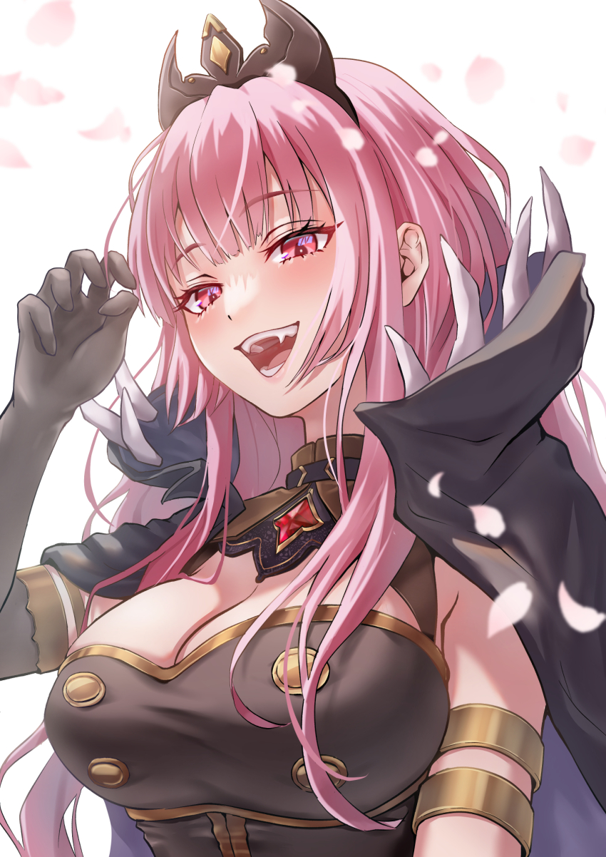 1girl, black_cape, black_dress, blush, breasts, cape, cleavage, collared_cape, dress, falling_petals, fangs, high_collar, highres, hololive, hololive_english, large_breasts, long_hair, looking_at_viewer, mori_calliope, mori_calliope_(1st_costume), open_mouth, petals, pink_eyes, pink_hair, rainbow--chaser, smile, upper_body, virtual_youtuber, white_background