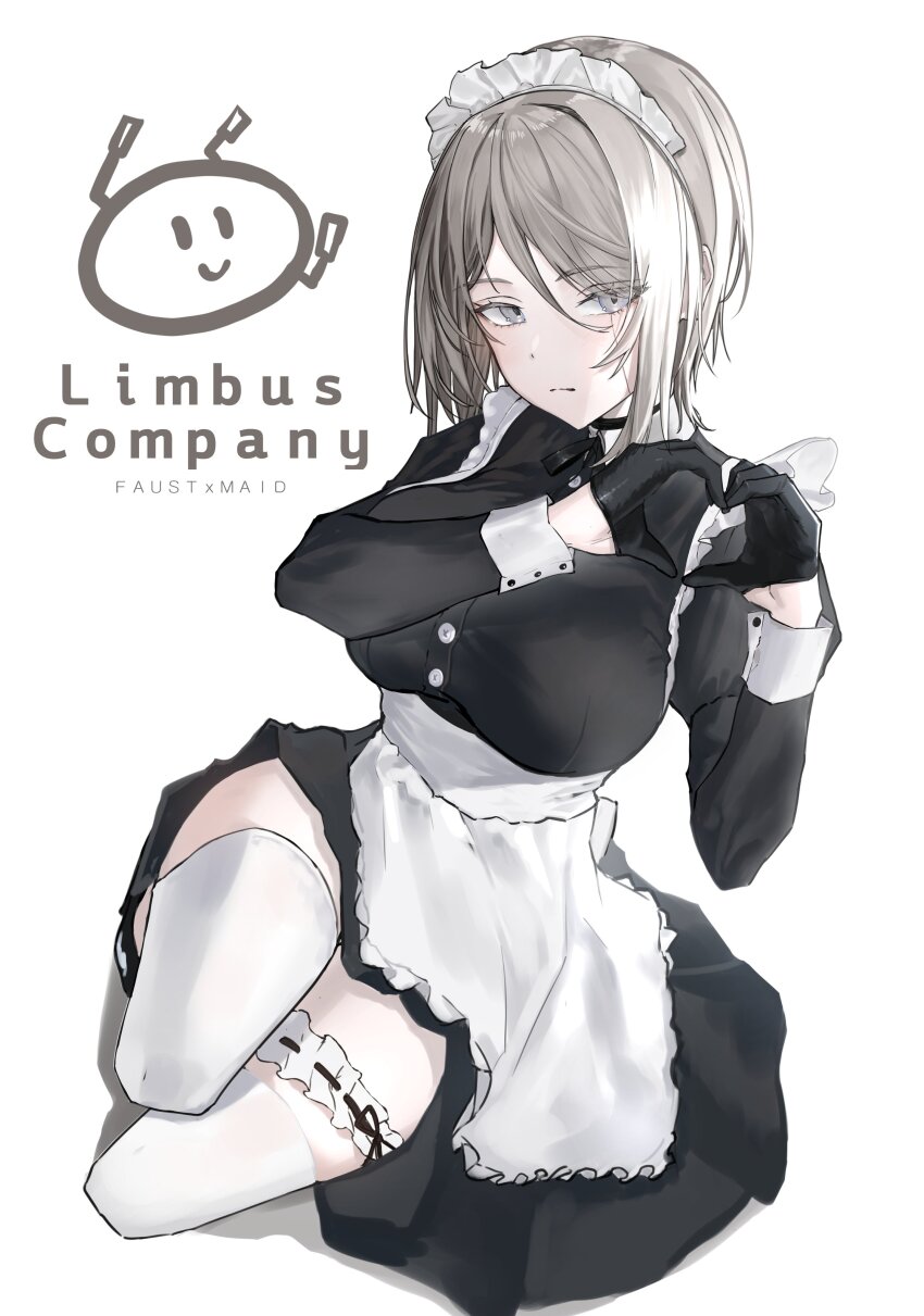 1girl, absurdres, all-around_cleaner, apron, black_dress, blue_eyes, closed_mouth, dress, faust_(project_moon), heart, heart_hands, highres, limbus_company, long_sleeves, looking_at_viewer, maid, meltflow, project_moon, short_hair, solo, thighhighs, white_apron, white_hair, white_thighhighs