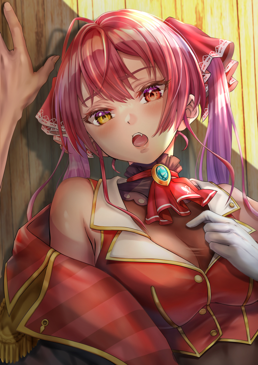 1boy, 1girl, absurdres, ascot, blush, breasts, eyelashes, gloves, gold_trim, hair_between_eyes, hand_on_own_chest, heterochromia, highres, hololive, houshou_marine, houshou_marine_(1st_costume), jacket, kabedon, leotard, long_hair, medium_breasts, off_shoulder, open_mouth, pov, rainbow--chaser, red_ascot, red_eyes, red_hair, see-through_clothes, see-through_leotard, shadow, surprised, teeth, twintails, upper_body, upper_teeth_only, virtual_youtuber, white_gloves, wooden_wall, yellow_eyes