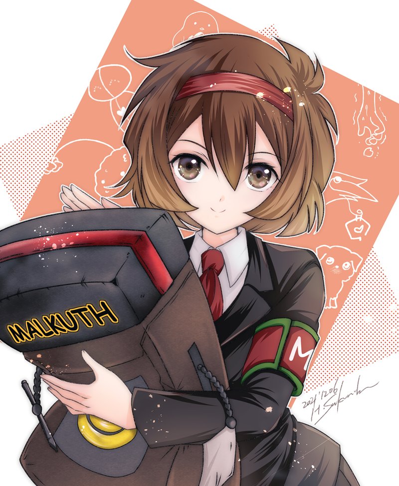1girl, brown_eyes, brown_hair, character_name, closed_mouth, collared_shirt, dated, hairband