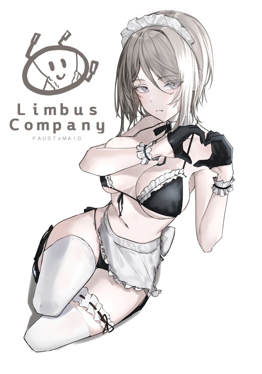 1girl, absurdres, all-around_cleaner, apron, bikini, black_bikini, blue_eyes, closed_mouth, faust_(project_moon), heart, heart_hands, highres, limbus_company, looking_at_viewer, maid, maid_bikini, meltflow, project_moon, short_hair, solo, swimsuit, thighhighs, unconventional_maid, white_apron, white_hair, white_thighhighs