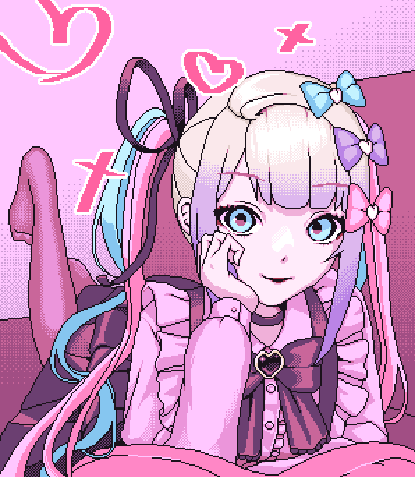 1girl, black_ribbon, black_skirt, blouse, blue_bow, blue_eyes, blue_hair, blunt_bangs, bow, brown_pantyhose, chouzetsusaikawa_tenshi-chan, chouzetsusaikawa_tenshi-chan_(jirai_kei), closed_mouth, couch, eencya, feet_up, hair_bow, hair_ribbon, hand_on_own_cheek, hand_on_own_face, hand_up, heart, jirai_kei, long_hair, long_sleeves, looking_at_viewer, lying, multicolored_hair, needy_girl_overdose, no_shoes, official_alternate_costume, official_alternate_hairstyle, official_art, on_stomach, pantyhose, pink_background, pink_bow, pink_hair, pink_shirt, pixel_art, pleated_skirt, purple_bow, purple_hair, quad_tails, red_lips, ribbon, second-party_source, shirt, skirt, solo, the_pose