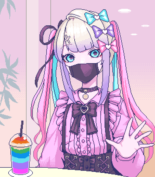 1girl, black_bow, black_choker, black_ribbon, blouse, blue_eyes, blue_hair, bow