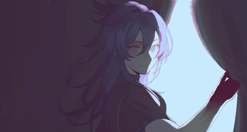 1boy, absurdres, androgynous, banzoin_hakka, banzoin_hakka_(2nd_costume), black_collar, black_shirt, blue_eyes