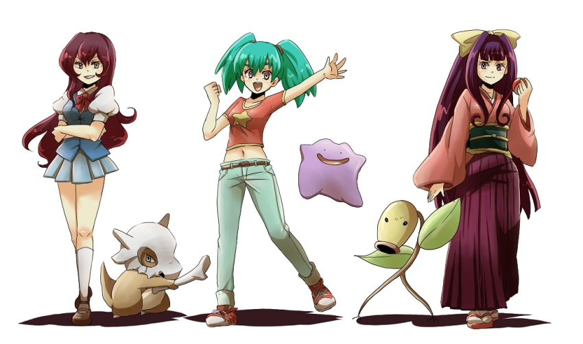 3girls, akasata, aqua_hair, bad_id, bad_pixiv_id, bellsprout, blue_eyes, brown_hair