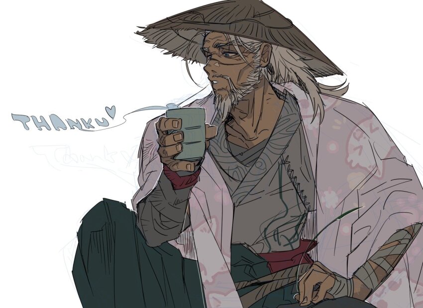 1boy, aged_up, beard, collarbone, cup, facial_hair, foreseen_yasuo, grey_hair