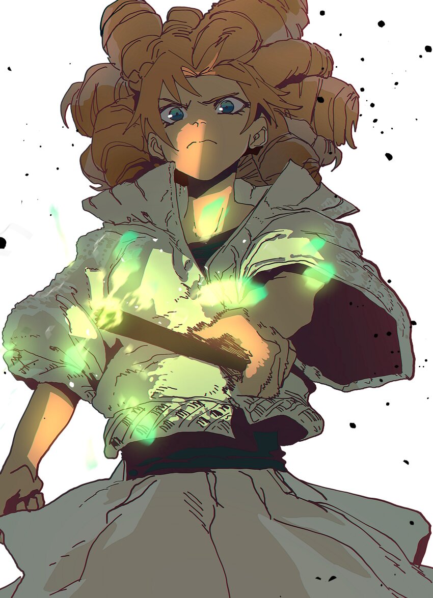 1girl, absurdres, aiming, aiming_at_viewer, angry, big_hair, blue_eyes, clenched_hand