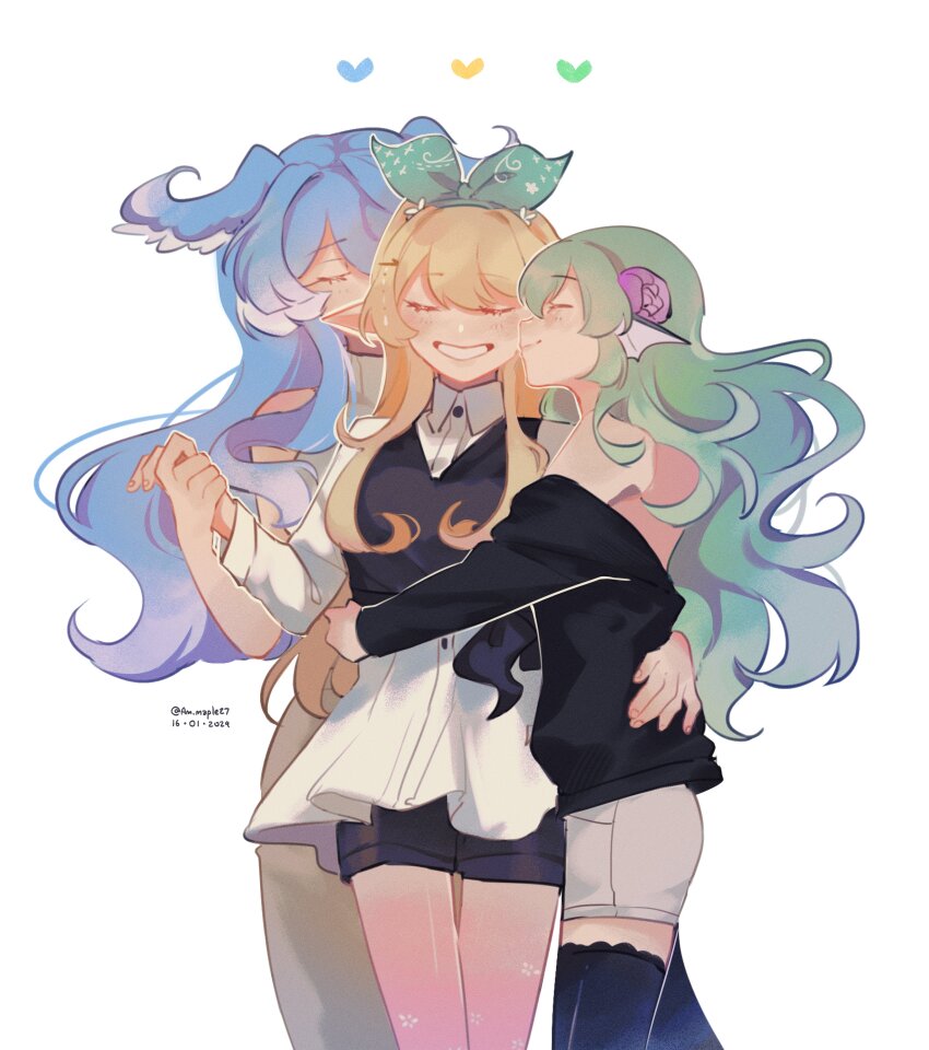 3girls, absurdres, am_(maple27), black_thighhighs, blonde_hair, blue_hair, blush, closed_mouth