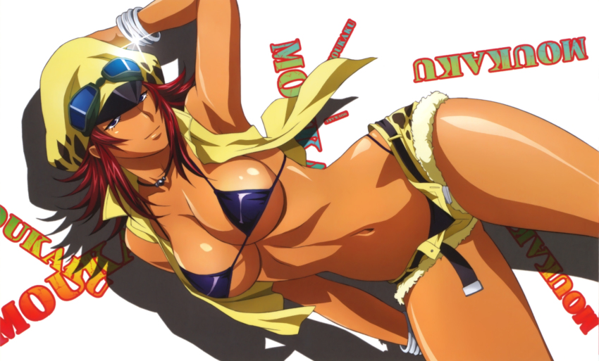 00s, 10s, 1girl, animal_print, arm_up, armpits, bare_shoulders, belt, bikini, bikini_top_only, bikini_under_clothes, blue_bikini, blue_eyes, bracelet, breasts, character_name, cleavage, contrapposto, cowboy_shot, cutoffs, dark-skinned_female, dark_skin, denim, denim_shorts, dutch_angle, eyecatch, female_focus, glint, goggles, goggles_on_head, hand_on_headwear, hat, high_collar, highres, ikkitousen, ikkitousen_xtreme_xecutor, jewelry, large_breasts, leopard_print, light_smile, long_hair, looking_at_viewer, lots_of_jewelry, moukaku_(ikkitousen), navel, necklace, official_art, open_clothes, open_fly, open_vest, peaked_cap, purple_eyes, red_hair, rin-sin, scan, shadow, short_shorts, shorts, sideboob, sidelocks, smile, solo, standing, strap_gap, string_bikini, swimsuit, swimsuit_under_clothes, unbuttoned, underboob, unzipped, vest, white_background, wide_hips